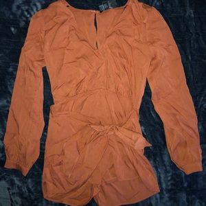 Forever 21 Self-Tie Mock Wrap Romper - Rust